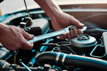 A person's hands holding a wrench and working on a car engine.